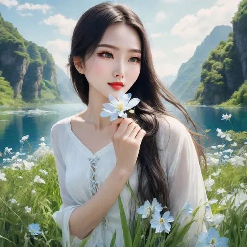 huayi,hanqiong,qiong,bingqian,xiuqiong,jingyi,guoying,beautiful girl with flowers,zuoyun,emei,qianwen,flower background,jianyin,yingjie,ao dai,zhiyuan,jinling,baoyin,nature background,chengjie,Photography,Realistic