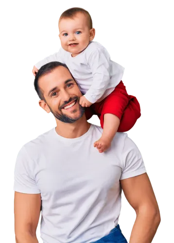 Daddy's Day, happy father, 30s, smiling face, gentle eyes, shaved beard, casual wear, blue jeans, white T-shirt, holding baby, tender moment, soft focus, warm lighting, shallow depth of field, natural