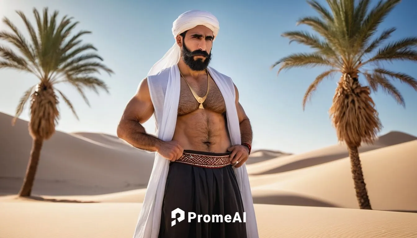 Muscular Middle Eastern man, 35yo, thick beard, mustache, hairy chest, strong arms, black hair, piercing brown eyes, golden earring, traditional white thawb, red fez hat, leather sandals, standing con