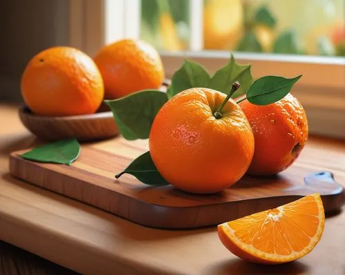 Colorful frutiger aero fruit, vibrant orange skin, glossy texture, juicy pulp, rounded shape, stems attached, leaves scattered around, wooden cutting board, kitchen counter, soft natural light, 3/4 co