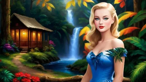 Romantic masterpiece oil painting, beautiful girl portrait, nostalgic 1950's style kitsch, vibrant rainforest landscape, lush tropical jungle paradise, beautiful natural scenery, lost wilderness cotta