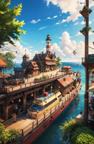 a big boat docked at the dock with some other boats,popeye village,harborfront,butka,floating islands,seaside resort,caravel