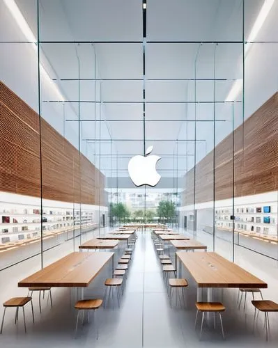 Apple store, modern architecture, glass facade, steel frame, minimalist design, clean lines, white interior, wooden tables, sleek shelves, iconic apple logo, bustling streets, urban atmosphere, daytim