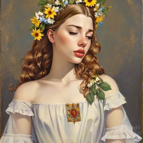 emile vernon,flower crown of christ,portrait of a girl,girl in flowers,marguerite,girl in a wreath,romantic portrait,jessamine,spring crown,young woman,flower crown,vanessa (butterfly),beautiful girl with flowers,vintage female portrait,mystical portrait of a girl,primrose,vintage girl,fantasy portrait,wreath of flowers,victorian lady