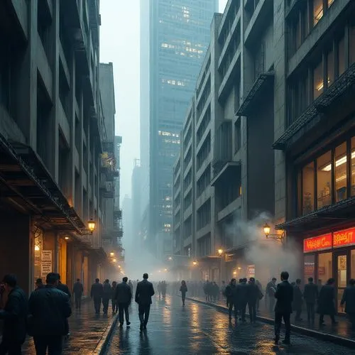 urban commercial districts, brutalist architecture, concrete skyscrapers, geometric shapes, industrial texture, metallic accents, neon lights, bustling streets, crowded sidewalks, suits and ties, brie