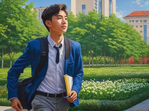 Senior high school student, boy, dash, uniform, blue blazer, white shirt, black tie, dark blue trousers, sneakers, backpack, pens, notebook, walking, running, energetic, dynamic, campus, modern archit