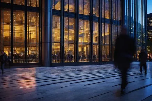 Modern skyscraper, futuristic design, sleek metallic exterior, reflective glass windows, intricate structural details, dramatic nighttime illumination, cityscape background, bustling streets, pedestri