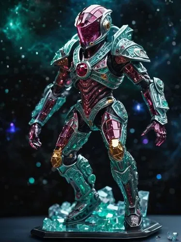 an amazing cybernetic warrior in the middle of the galaxy, a kind of space hero drifting in the open space, (sci fi, fantasy), detailed, complex, sophisticated, crystals, rubies, emeralds ((sculpture 