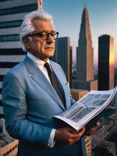 Aldo Rossi, Italian architect, mature man, glasses, white hair, suit, tie, holding blueprints, standing in front of a skyscraper, cityscape, urban planning, metropolitan area, modern architecture, bru