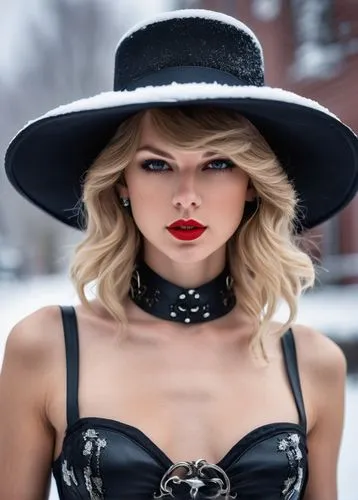 leather hat,black hat,white fur hat,red lips,red lipstick,hat womens,Photography,General,Realistic