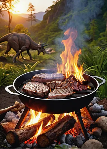 grilled meat, raw steak, cooking over campfire, prehistoric setting, dinosaur in background, jungle environment, survival theme, rustic wooden spit, stone tools, primitive cooking techniques, fire spa