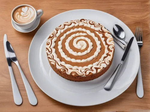 Coffee cake with cappuccino frosting on a large round dessert plate, with a few slices already cut.,baked alaska,kanelbullar,pie vector,mocaccino,coffee art,cinnamon roll,cappuccino,capuchino,cinnamon