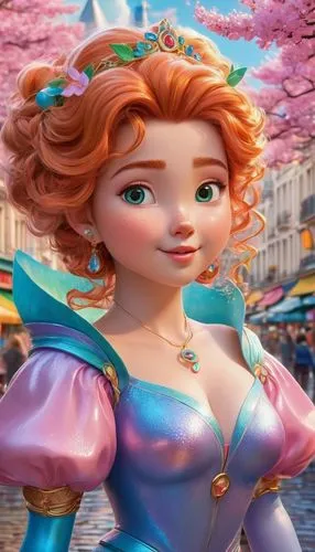 On a rainy day in Paris, Disney Pixar chubby Princess Merida Beautiful fitnudeWoman in a glass outfit in a busy shopping street, Long updo hair, fine jewelry, trees, flowers, Pink lips, Perfect Body, 