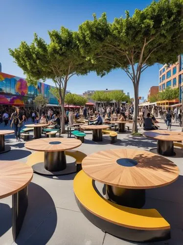 Modern futuristic public plaza, vibrant community hub, bustling street performers, interactive light installations, sleek glass benches, urban greenery, pedestrian walkways, vibrant street art murals,