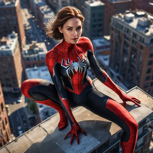 Photo of a slender female Spiderwoman perched high atop a building, viewed from above, with an intricate background. looking to the viewer,spider-man,the suit,mary jane,spiderman,marvels,spider man,sp