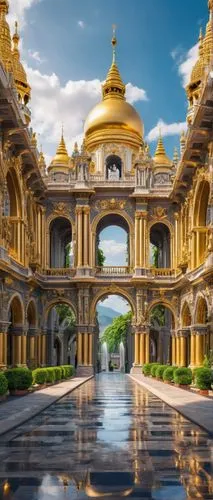 Baroque architecture, grand palace, ornate details, intricate carvings, Gothic arches, Roman columns, statues, fountains, symmetrical composition, warm golden lighting, afternoon sun, cloudy sky, mist