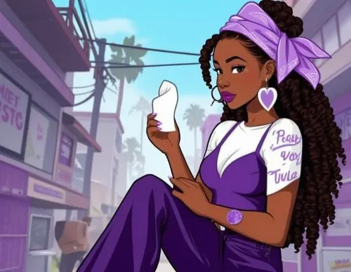 GTA style poster of a young African American woman with toilet paper sticking out of her bra and holding a rolled up sock in her hand. The young woman is small-breadted, with long purple painted nails