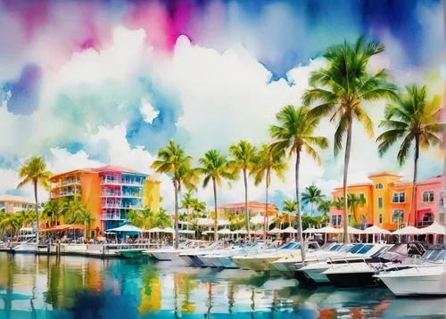 watercolor palm trees,islamorada,boat harbor,key west,haulover,lauderdale,coconut grove,fort lauderdale,sailboats,curacao,watercolor,watercolor painting,watercolor background,colorful city,bahama,colorful water,caye caulker,water colors,caribbean,harbor,Art,Artistic Painting,Artistic Painting 42