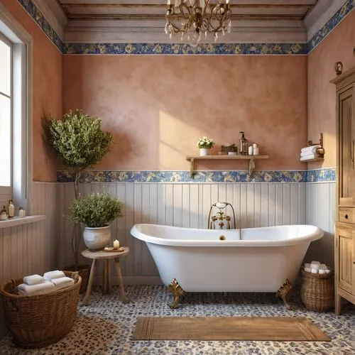 bath room,spanish tile,luxury bathroom,ceramiche,moroccan pattern,bathtub,Photography,General,Realistic