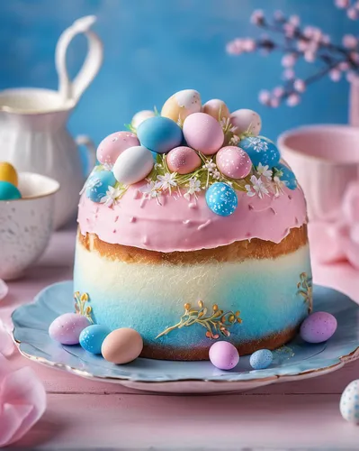 Kulich, a Russian Easter cake with  easter egg beautiful design. color pink white  and blue,easter cake,easter pastries,colomba di pasqua,easter theme,streuselkuchen,eieerkuchen,easter bread,reibekuch