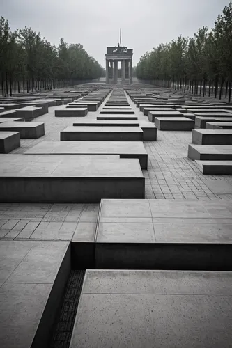 museum, Shoah, Holocaust memorial, Berlin, architecture, concrete slabs, geometric design, somber atmosphere, reflective surfaces, trees, overcast sky, wide-angle shot, textured concrete, historical s