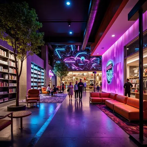 Vibrant retail space, bold color blocking, contrasting hues, futuristic neon lights, iridescent materials, metallic accents, avant-garde furniture, abstract art installations, geometric patterns, dyna