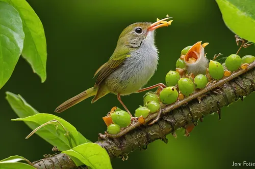 A tailorbird feeding an obviously hungry brood of fledglings.,lesser swamp warbler,song bird,orange-bellied flowerpecker,ovenbird,chestnut sided warbler,japanese white-eye,rufous,palm warbler,marsh wa