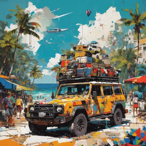 world digital painting,vwbus,land-rover,mombasa,snatch land rover,copacabana,digital nomads,vanagon,kohphangan,caravan,the festival of colors,yellow jeep,camper on the beach,cargo,tourist,caribbean beach,umbrella beach,vw bus,ghana,land rover defender,Conceptual Art,Oil color,Oil Color 07