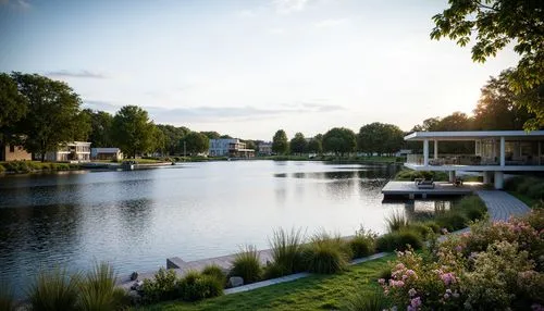 Serene lakefront, gentle ripples, sparkling water reflections, surrounding lush greenery, vibrant flowers, modern architectural design, sleek glass buildings, cantilevered decks, wooden docks, tranqui