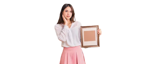 holding a frame,portrait background,cardboard background,blur office background,blank photo frames,woman holding a smartphone,bussiness woman,transparent background,saleslady,magic mirror,self hypnosis,copper frame,saleswoman,photo frame,rose frame,paper frame,secretarial,girl making selfie,image manipulation,mirror frame,Illustration,Realistic Fantasy,Realistic Fantasy 04