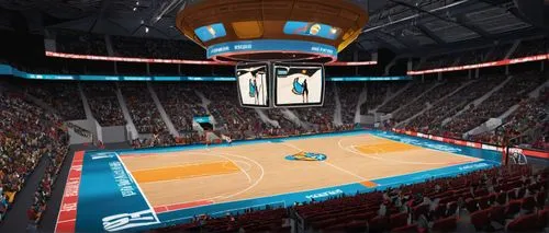 Basketball stadium interior, modern arena, bright colorful seats, hardwood flooring, glossy finish, tall ceilings, metallic beams, spotlights shining down, giant screens displaying scores, energetic c