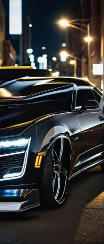 Black Camaro, sports car, white stripes, shiny metallic paint, aggressive stance, low-angle shot, city street, urban landscape, nighttime, neon lights reflection, detailed tire design, alloy wheels, s