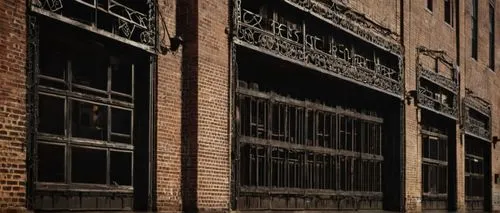 Historic building facade, Nashville Tennessee, architectural salvage, rustic wooden doors, distressed brick walls, ornate ironwork, vintage windows, reclaimed wood accents, urban cityscape, afternoon 