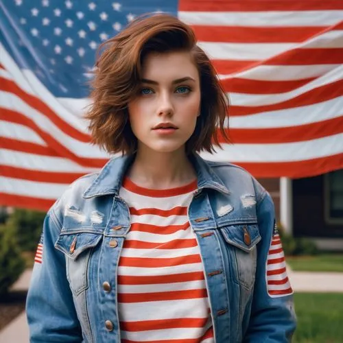 Young woman, brown short hair, blue eyes, jeans jacket with the American flag, standing tall, American suburbs, color grading of 80s movies and music clips, enhanced edition, higher quality, photograp