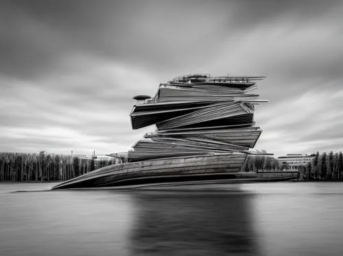 Office building élévation ,boat landscape,maligne lake,concrete ship,futuristic architecture,disney hall,yukon river,calatrava,futuristic art museum,stacked rock,fountainhead,horsheshoe bend,lago grey