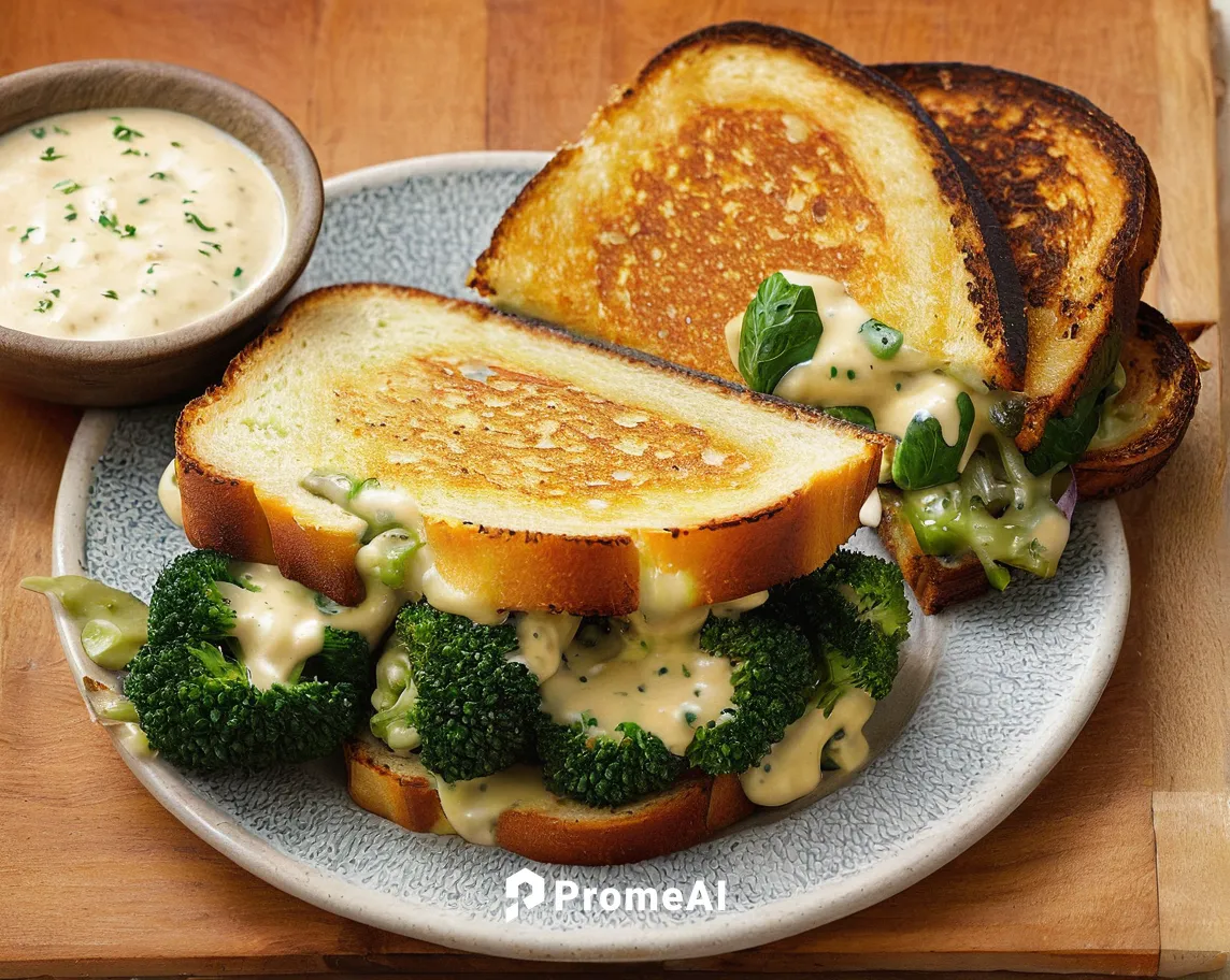 Broccoli-Cheddar Grilled Cheese Sandwiches with Fingerling Potatoes & Ranch Sauce,grilled cheese,shrimp toast,grilled bread,blue cheese dressing,oven-baked cheese,texas toast,garlic bread,ranch dressi