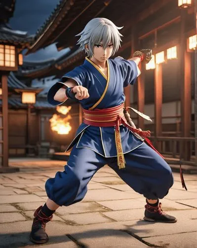 fighting anime character,japanese style,a young person in blue outfit holding a sword,kazama,nezumi,oboro,sonji,gintoki,amakusa,Photography,General,Realistic