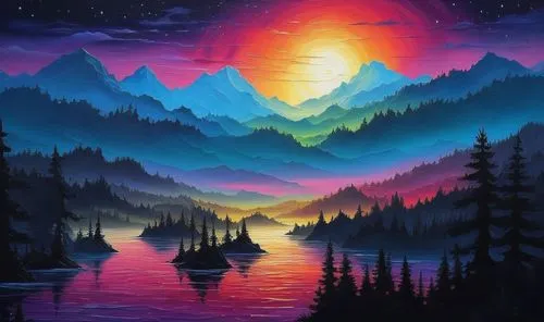 mountain sunrise,beautiful wallpaper,colorful background,dusk background,kaleidoscape,landscape background,dusk,fantasy landscape,unicorn background,mountains,samsung wallpaper,futuristic landscape,purple landscape,high mountains,mountain landscape,colorful stars,nature background,aurora borealis,vast,paisaje,Illustration,Realistic Fantasy,Realistic Fantasy 25