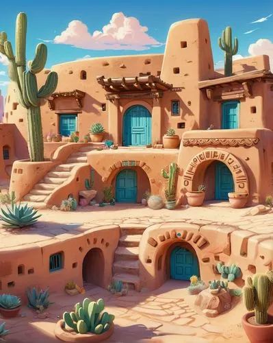 desert landscape,desert desert landscape,desert,the desert,desert background,hacienda,pueblo,semidesert,casitas,pueblito,stone desert,desertlike,flowerful desert,rosa cantina,abiquiu,bamaca,cacti,pueblos,southwestern,tuscon,Illustration,Japanese style,Japanese Style 02