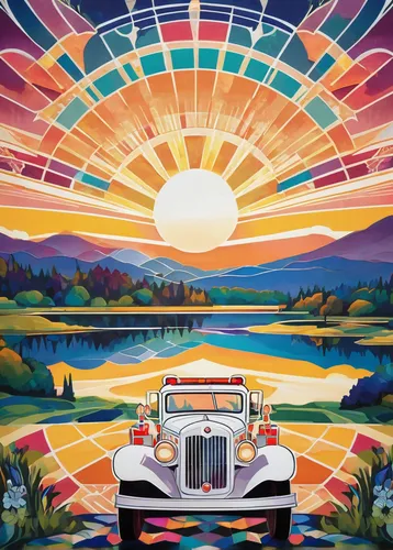 Describe a peaceful countryside landscape with a white fire truck parked by a serene lake under a beautiful sunset.,rolls-royce corniche,rolls-royce silver dawn,rolls-royce phantom i,rolls-royce phant