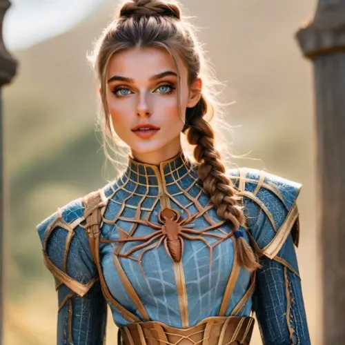 A beautiful young female, goddess braided hairstyle, nice outfit，by Albert Goodwin,fantasy woman,female warrior,celtic queen,sterntaler,fantasy portrait,female doll,elsa,blue enchantress,artemisia,val