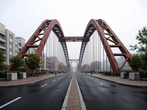 Rustic vehicular bridge, steel arches, suspension cables, concrete piers, asphalt roadways, urban cityscape, morning fog, soft misty lighting, shallow depth of field, 1/1 composition, symmetrical view