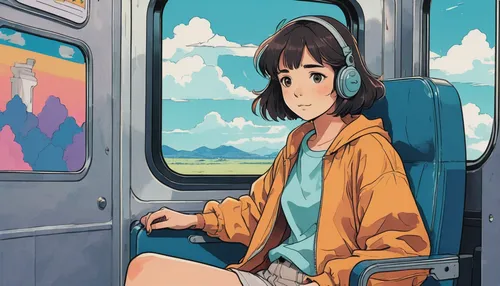 train ride,the girl at the station,train,studio ghibli,girl sitting,bus,cablecar,sky train,in transit,last train,tram,light rail,train way,transit,korea subway,worried girl,commuter,skytrain,commute,passenger gazelle,Illustration,Japanese style,Japanese Style 06