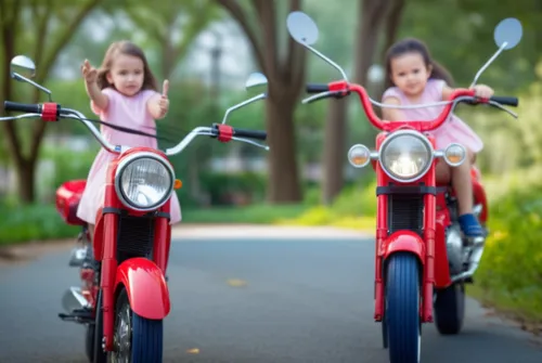 niñas vestidos color rosado pastel montadas en motos color rojas,family motorcycle,bike kids,motor-bike,kids' things,motorcycles,scooter riding,scooters,toy motorcycle,motorcycle accessories,motorcycl