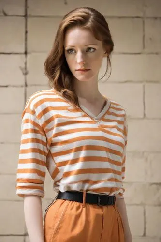 horizontal stripes,orange,striped background,orange color,orange half,liberty cotton,stripes,striped,cotton top,retro woman,retro girl,teen,bright orange,brown sailor,pippi longstocking,maci,vintage girl,in a shirt,girl in overalls,stripe