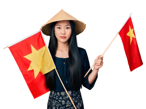 Vietnamese woman, traditional áo dài, conical hat, solo, beautiful detailed eyes, light blush, long black hair, golden jewelry, holding Vietnamese flag, standing in front of a large screen playing Vie