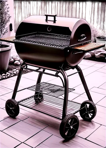 Fire grill, backyard cooking, metal frame, black finish, flames rising, sizzling meat, wooden handles, chrome accents, shiny surface, afternoon lighting, 3/4 composition, shallow depth of field, warm 