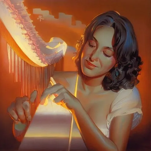 girl with bread-and-butter,woman holding pie,woman with ice-cream,woman playing,pastelón,painting technique,meticulous painting,melodica,angel playing the harp,fire artist,holding a frame,harpist,burning cigarette,girl with cereal bowl,smoking girl,woman eating apple,torch-bearer,painting,pandesal,transistor