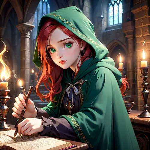 girl studying,merida,tutor,candlemaker,magic grimoire,scholar,fairy tale character,magic book,mage,game illustration,librarian,divination,cg artwork,writing-book,fantasy art,author,sorceress,tutoring,spell,fantasy portrait,Anime,Anime,Cartoon