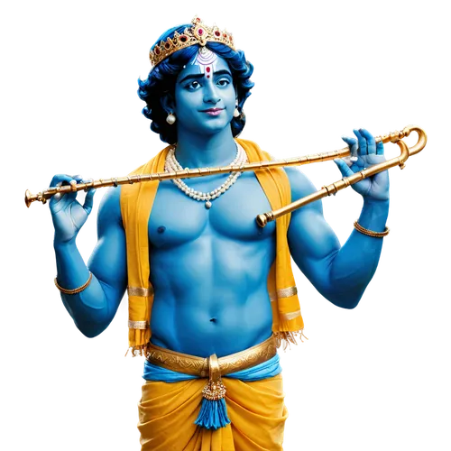 Hindu god, Krishna, blue-skinned, crown, pearl necklace, yellow dhoti, bare chest, muscular arms, holding flute, standing, relaxed posture, soft focus, warm lighting, shallow depth of field, 3/4 compo